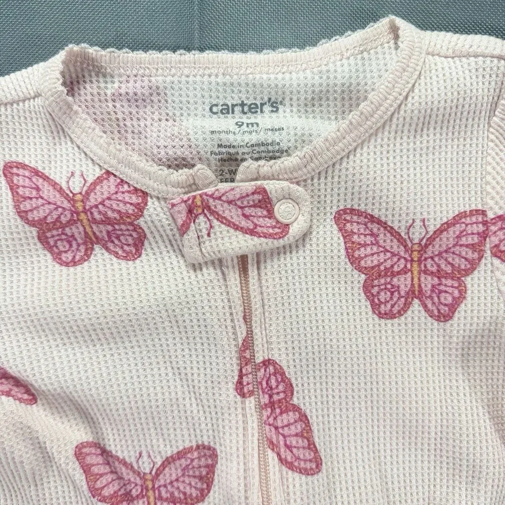 Carters Baby Girls Pink Footed Butterfly One Piece 2 Way Zipper Size 9 Months